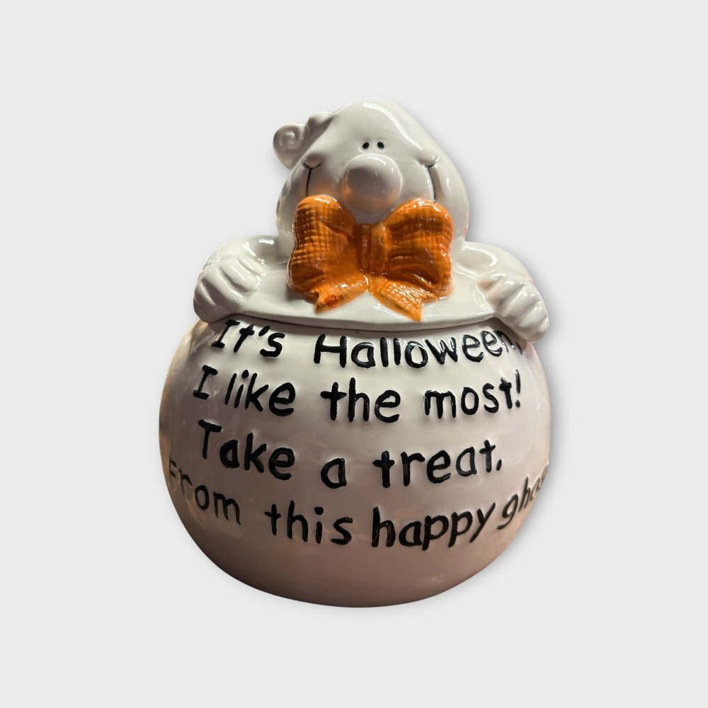 Vigor Ghost Candy Jar Halloween Cookie Jar White Excellent 7 Inch Ceramic